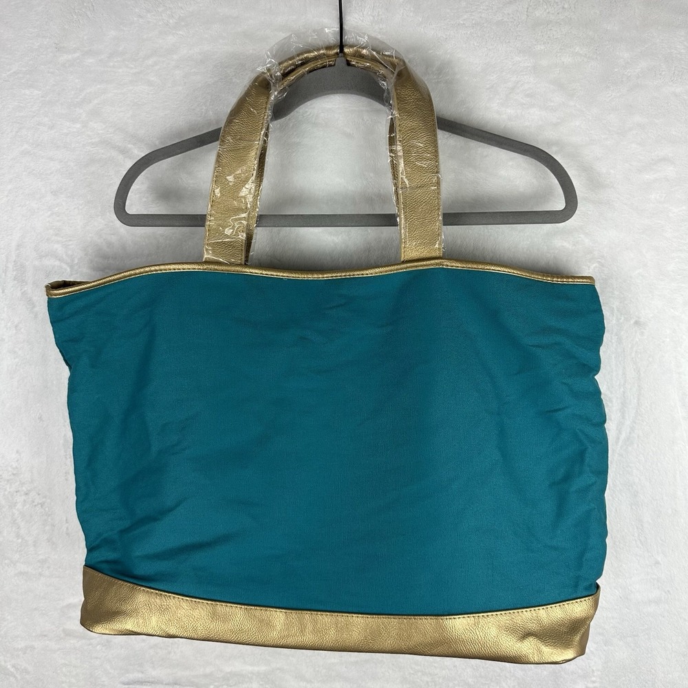 Viv & Lou Canvas Cabana Tote Bag Gold Teal & Small Zipper Bag‎ NWT Snap Pocket